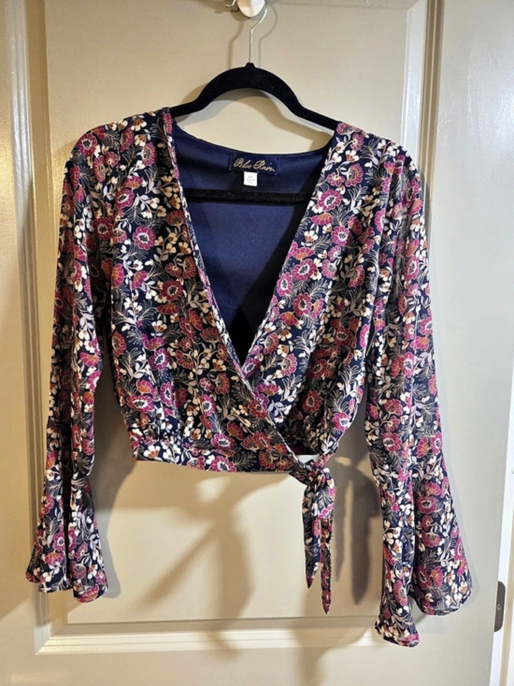 Blue Rain Floral Wrap Blouse in Blue & Pink Size XS